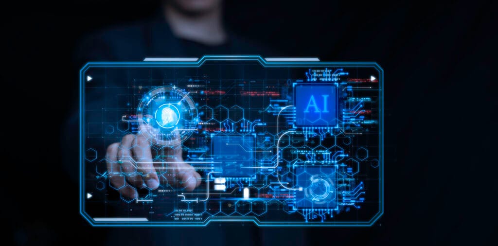 Roka, ki se dotika digitalnega zaslona z modrim uporabniškim vmesnikom, na katerem so prikazani elementi umetne inteligence (AI), prstni odtis za identifikacijo in podatkovne povezave.