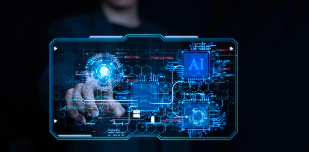 Roka, ki se dotika digitalnega zaslona z modrim uporabniškim vmesnikom, na katerem so prikazani elementi umetne inteligence (AI), prstni odtis za identifikacijo in podatkovne povezave.
